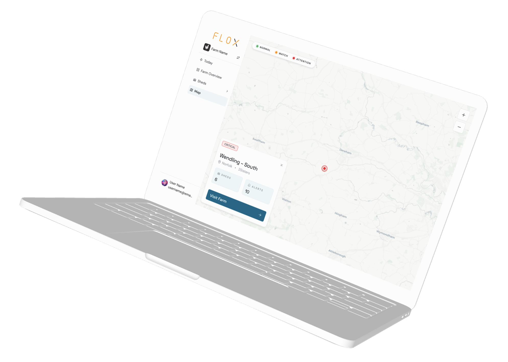 FLOX Map Module — farm markers with status colours