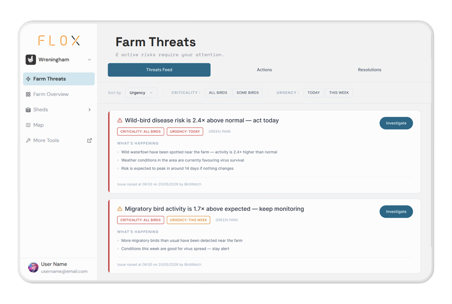 FLOX Threats Feed — alert list view