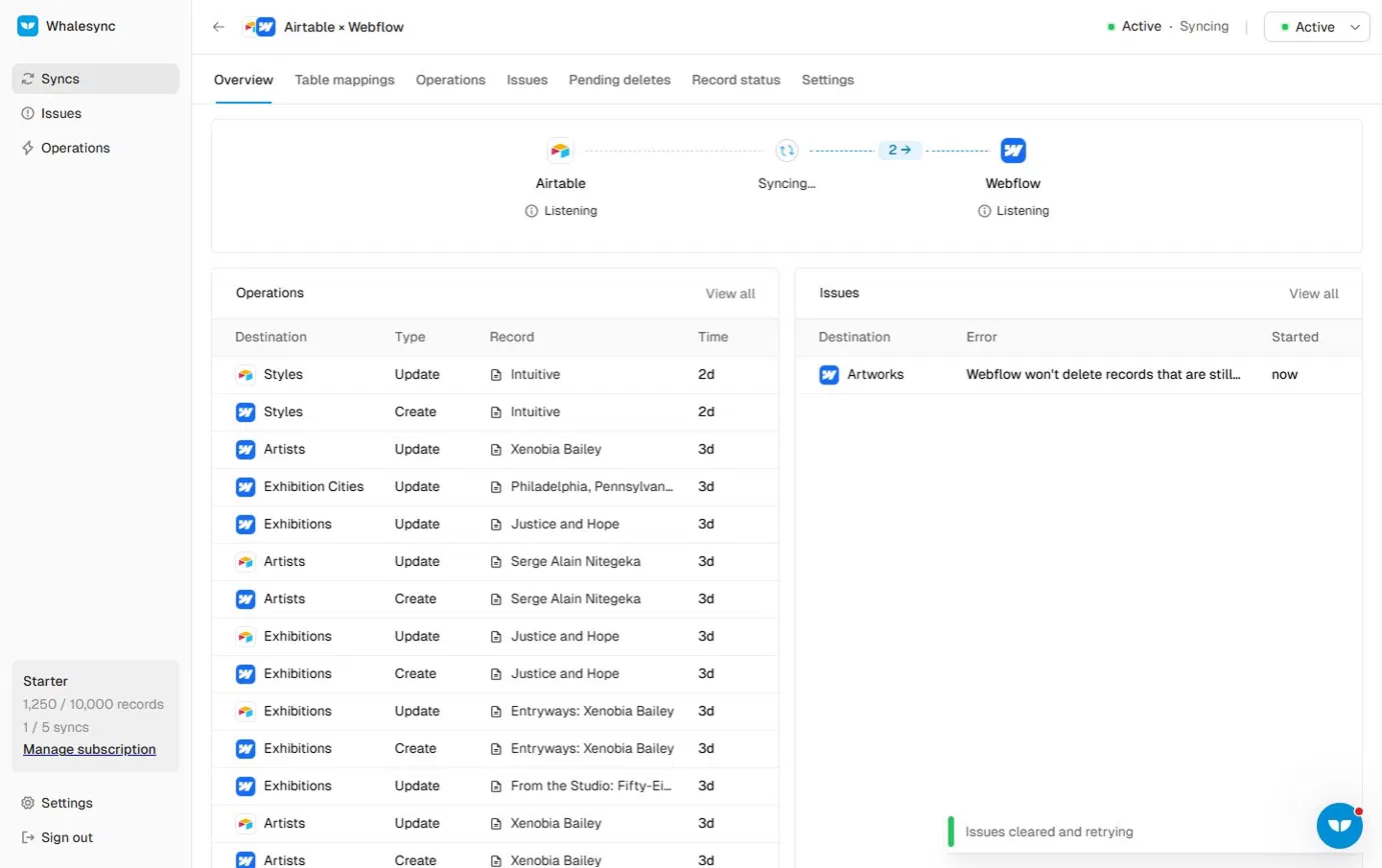 Whalesync overview showing the active Airtable to Webflow sync