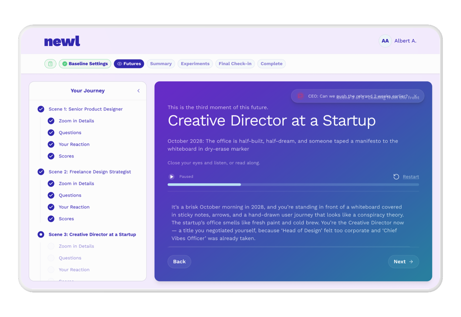 Newl — Enter scene simulation with navigation panel displayed