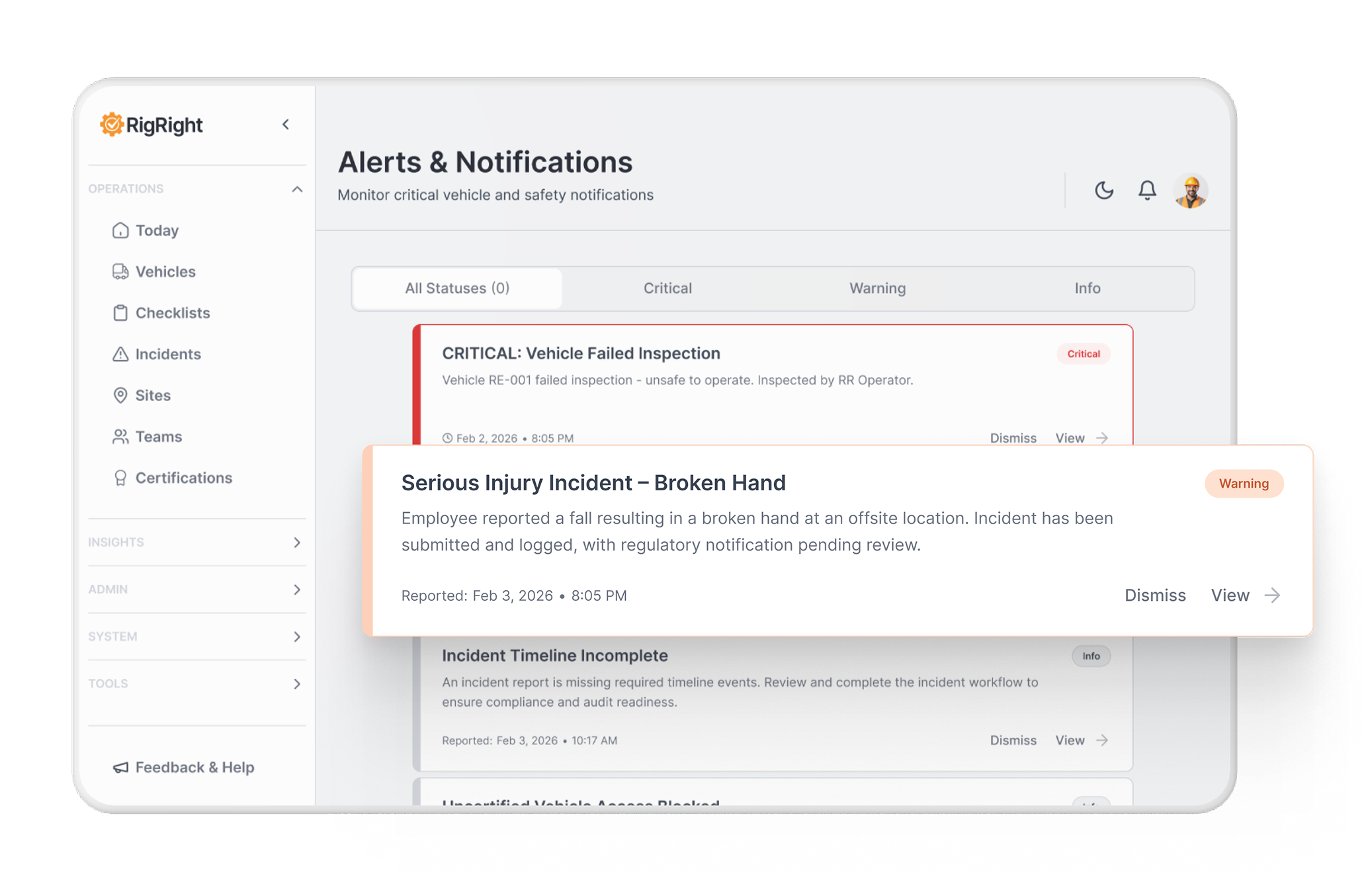 RigRight — alerts and notifications UI